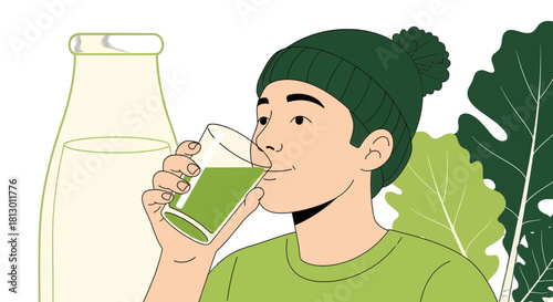 Healthy Lifestyle Choice: Person Enjoying Green Drink with Bottle and Botanical Backdrop