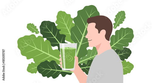 Healthy Lifestyle Choice Depicted With Green Smoothie And Surrounding Green Leaves Illustration