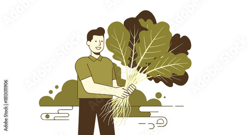 Happy Farmer Holding Freshly Picked Greens Against A Black Background