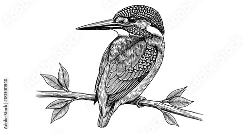 Elegant kingfisher drawing sitting pretty on branch a stunning vintage illustration for nature lovers classic wildlife art perfect for book covers and more, Generative AI.