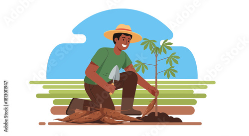 Happy Farmer Planting Cassava in Field Concept for Agriculture and Food Security