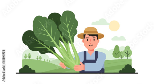 Happy Farmer Presenting Freshly Harvested Green Produce In A Serene Rural Landscape Setting