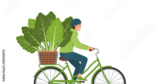Healthy Lifestyle Depicted: Person Bicycling With Fresh Greens in a Basket