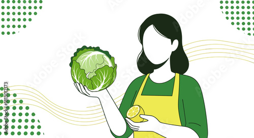 Healthy Lifestyle Depicted, Featuring Cabbage and Lemon, in Minimalist Composition