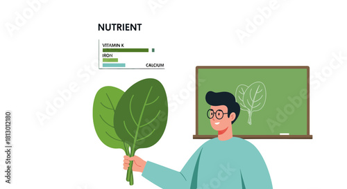 Healthy Lifestyle Educator Teaching Nutrition With Fresh Spinach Leaves And Diagrams