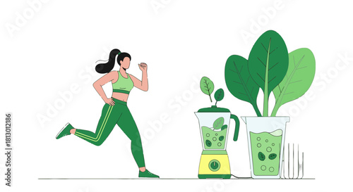 Healthy Lifestyle Depicted, Featuring Active Woman, Fresh Greens, and Nutritious Drink