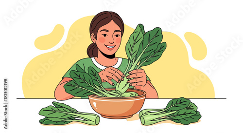Healthy Lifestyle Depicted, Woman Smiling While Preparing Greens for Cooking, Black Background