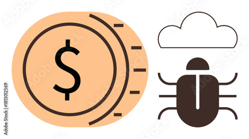 Coin with dollar sign, stylized bug, and cloud signifying cybersecurity, financial vulnerabilities, and cloud-related risks. Ideal for tech, finance, cybersecurity, economics safety digital