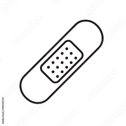 A stylized black and white vector of a medical bandage, capturing the themes of healing and protection through clean outlines, balanced shapes, and a soft, modern clinical appearance.