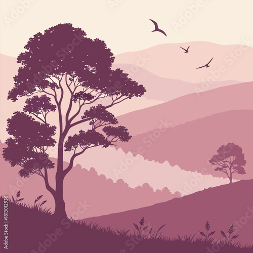 Silhouette of a Large Tree and Distant Hills at Sunset