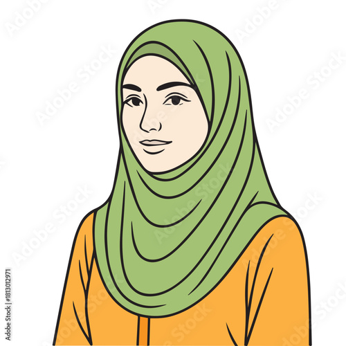 A vector portrait of a Muslim woman wearing a green hijab, illustrated with soft lines that express peace and natural beauty, capturing her calm expression and graceful presence in a modern style.