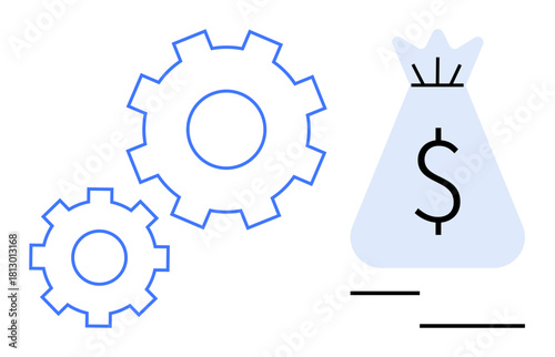 Abstract representation of two gears alongside a money bag with a dollar sign. Ideal for finance concepts, business strategy, wealth generation, productivity, operations, engineering, and investments