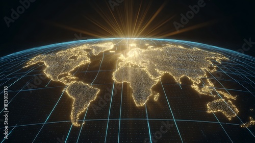 The meridians and latitudes on the world map glow brightly, like the energy structures that connect the entire world.