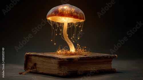 Illuminated mushroom on an antique book