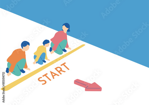 スタートラインで構える家族