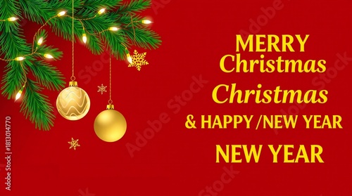 Merry christmas and happy new year greeting with decorated pine branch and ornaments