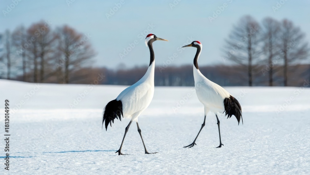 Obraz premium Two elegant red crowned cranes walking in the snow