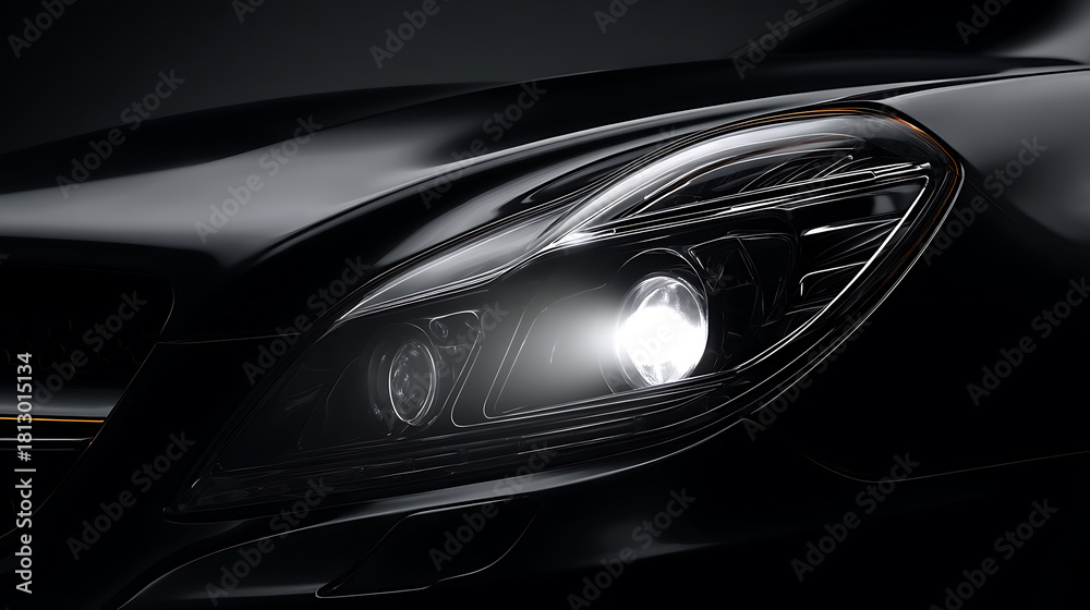 Fototapeta premium Close-up of The headlights of a luxury car are brightly lit