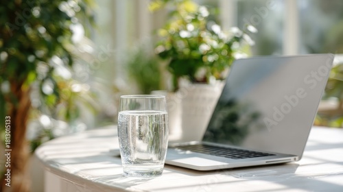 Laptop, water, plants