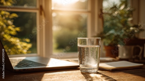 Laptop, water, window, plants