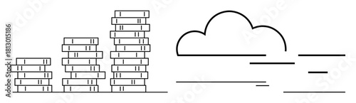 Rows of stacked books beside a simple cloud outline evoke learning, technology, and digital storage. Ideal for education, cloud computing, e-learning, knowledge management, innovation, research