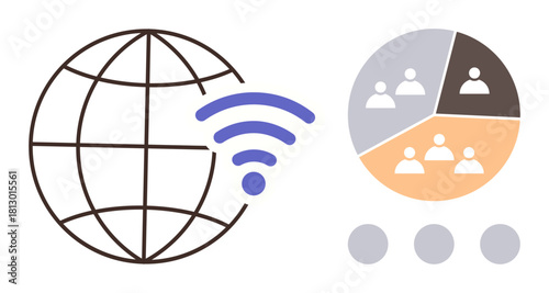 Globe with wireless symbol and pie chart showing segmented demographics. Ideal for connectivity, network, analysis, communication, digital data, global access, audience segmentation. Simple flat