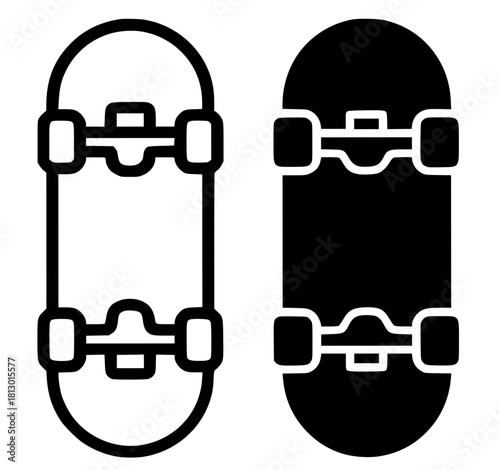 Unique skateboard illustration, outline and silhouette versions