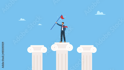 Businessman holding winning flag on pillars. Pillars of success, foundation or support to achieve business target, challenge to be winner or rules of success, stable and strong leadership.