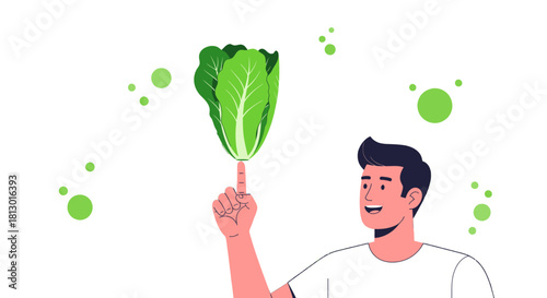 Healthy Lifestyle, Young Man Balance a Leaf, Green Icon Elements Design Composition