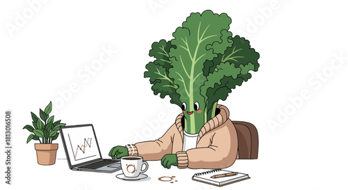 Healthy Vegetable Character Working With Technology And Drinking Coffee While Analyzing a Chart