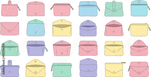 Colorful Assorted Pouches in Pastel Shades on White Background