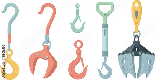 Set of Five Construction Lifting Hooks in Bright Colors on White Background