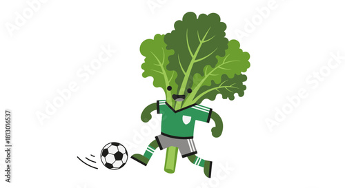 Healthy Vegetable Kicking Soccer Ball, Funny Cartoon Illustration on Black Scene