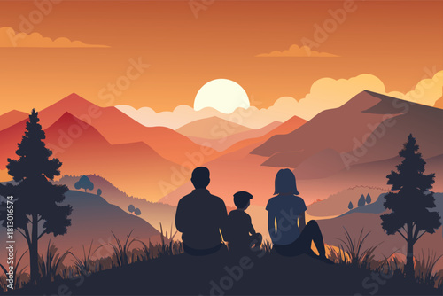 Family enjoying stunning sunset mountain views together creating lasting memories and peaceful moments in nature's embrace during golden hour