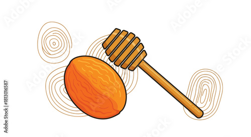 Honey Dipper And Apricot On Black Background Minimalist Artistic Illustration