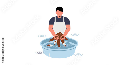 Illustrated Depiction Of A Person Washing Vegetables in A Light Blue Basin