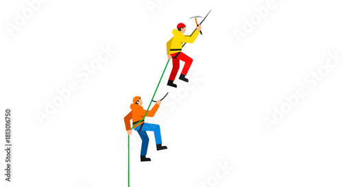 Illustrated Depiction Of Two Adventurers Climbing Facing Towards The Mountain