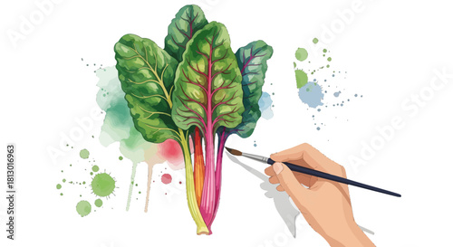 Illustration Of A Hand Painting Watercolored Rainbow Chard On Black Background