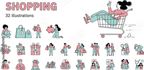 Shopping Illustrations Collection Diverse Icons for Retail, Ecommerce, and Consumerism Concepts