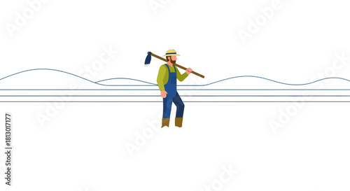 Illustration Of Farmer: Agriculture Worker Holding Hoe On His Shoulder In The Field
