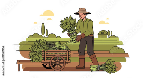 Illustration Of Farmer Harvesting Crops Loading Them Into a Wooden Cart on the green field