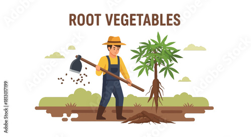 Illustration Of Farmer Harvesting Root Vegetables In A Field, Healthy Organic Produce