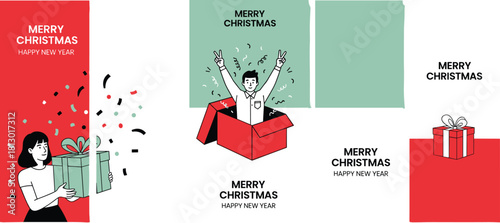 Festive illustrations capturing the essence of holiday celebrations and joyful gift-giving, perfect for seasonal greetings, social media, and marketing designs