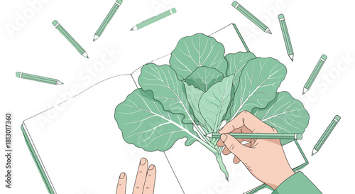 Illustration Of Vegetable Sketching With Pencils on Open Notebook Against Black Background