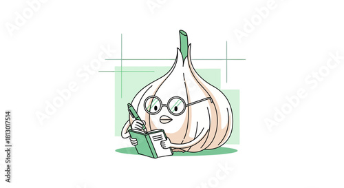 Intelligent Garlic Cartoon Character Writing Notes In A Book With Glasses Illustration