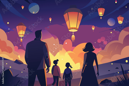 Family enjoying a magical evening under lantern lights, creating memories and celebrating life's special moments together, silhouetted against a dreamy sky