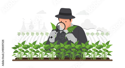 Investigating Crop Fields: Scientist Analyzing Plants With Magnifying Glass Illustration