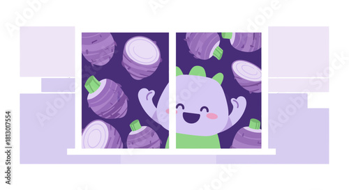 Inviting Creature Views the Vibrant Taro Array Behind Windows From Cartoon Illustration