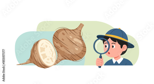 Investigating Jicama: A Fruit Detective's Discovery with Magnifying Glass in Detailed Look
