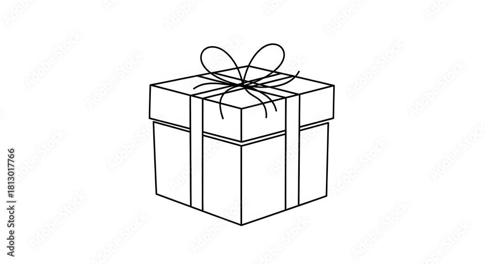 Obraz premium Illustration of a gift box with ribbon and bow, simple black and white drawing.